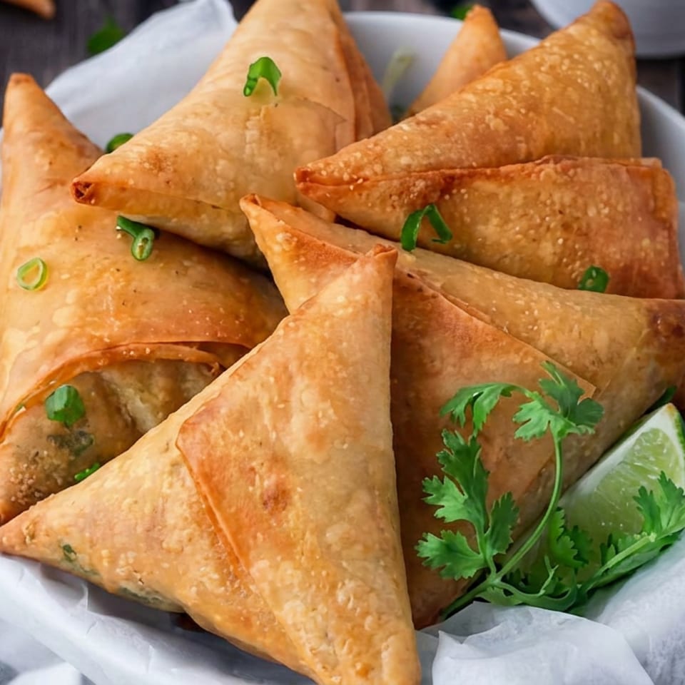Golden fried samosas arranged in a paper-lined bowl with cilantro, sliced green onions, and lime garnish.