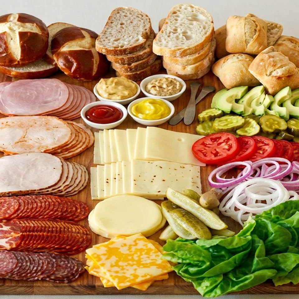 Wooden charcuterie board arranged with assorted breads, sliced meats, cheeses, condiments, pickles, vegetables, and lettuce.