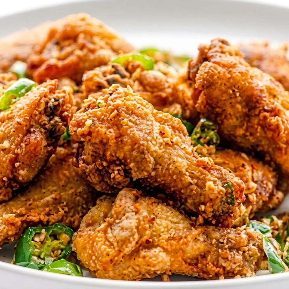 Pile of crispy fried chicken wings garnished with sliced green chilies and crunchy crumbs on a white plate.