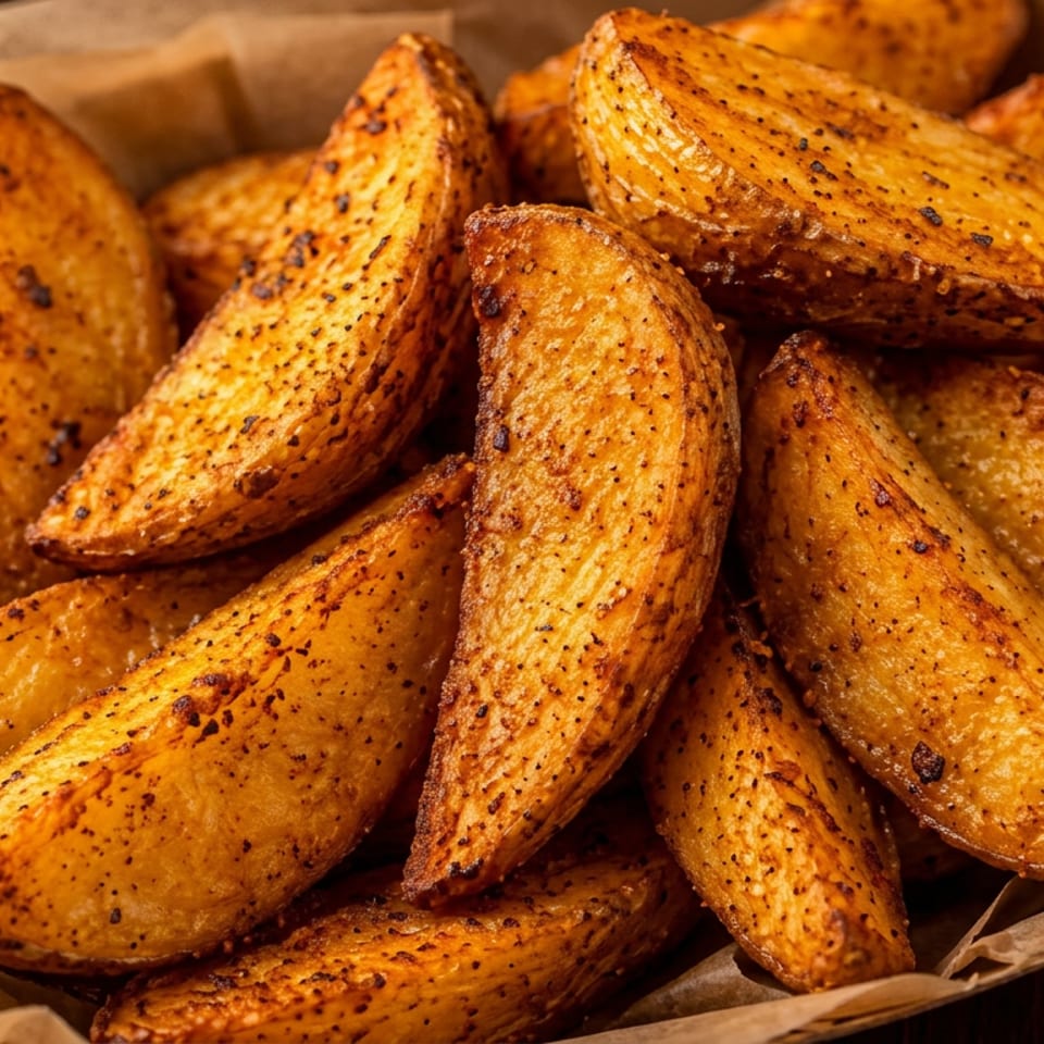 Basket of golden-brown seasoned potato wedges served on parchment paper.