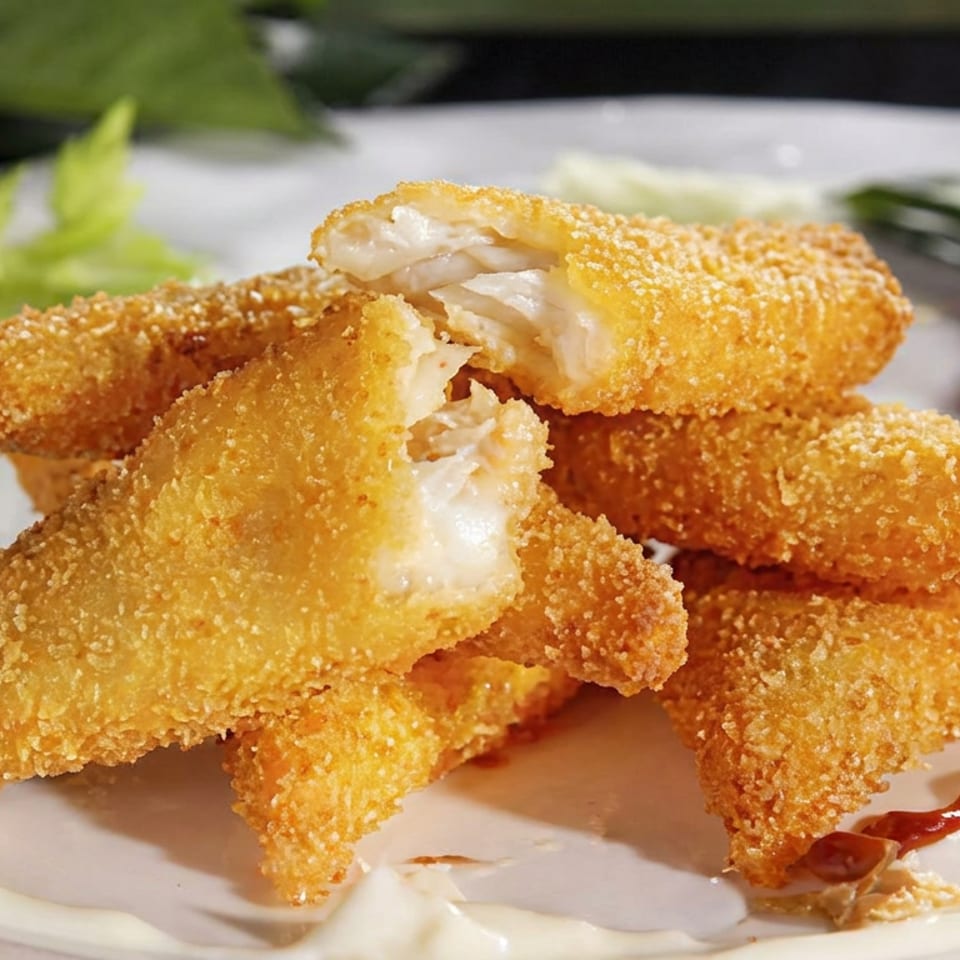 Golden breaded fish fingers stacked on a plate with creamy sauce, tomato drizzle, greens, and a pink flower garnish.