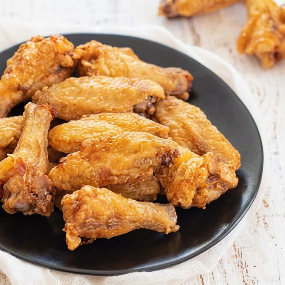 Crispy golden fried chicken wings piled on a black plate atop a white wooden table.