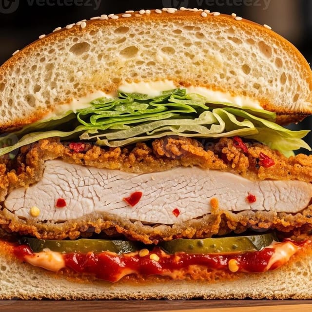 Chicken sandwich on potato bun.