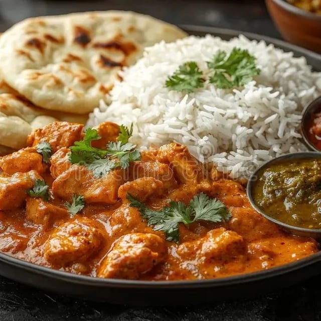 Chicken Curry with rice & naan.